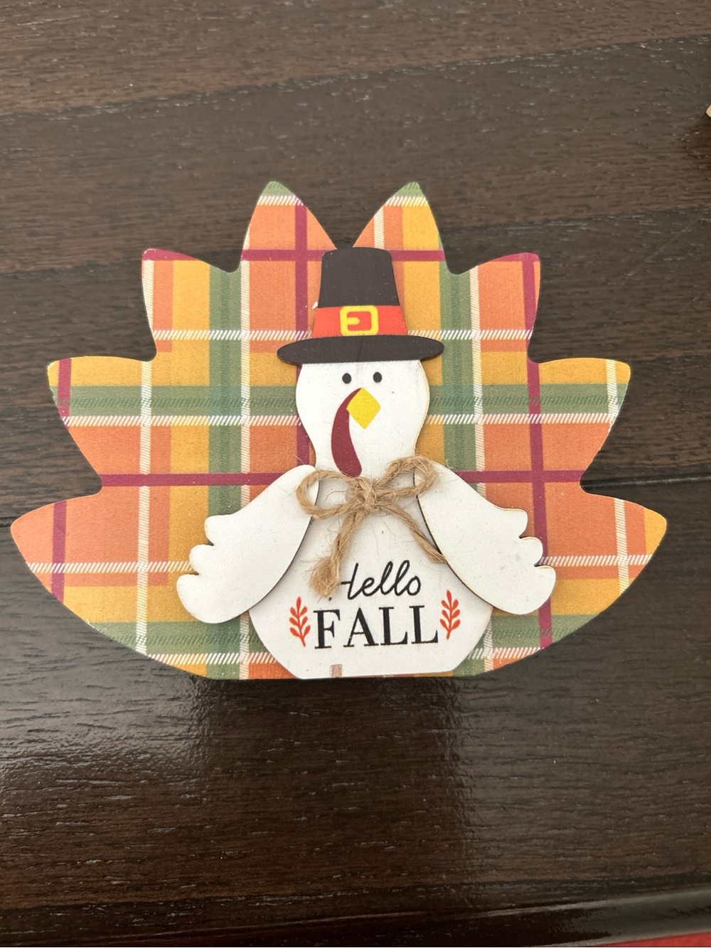 Hello Fall Plaid Turkey & Leaf Gather Table Accent - Orange Plaid